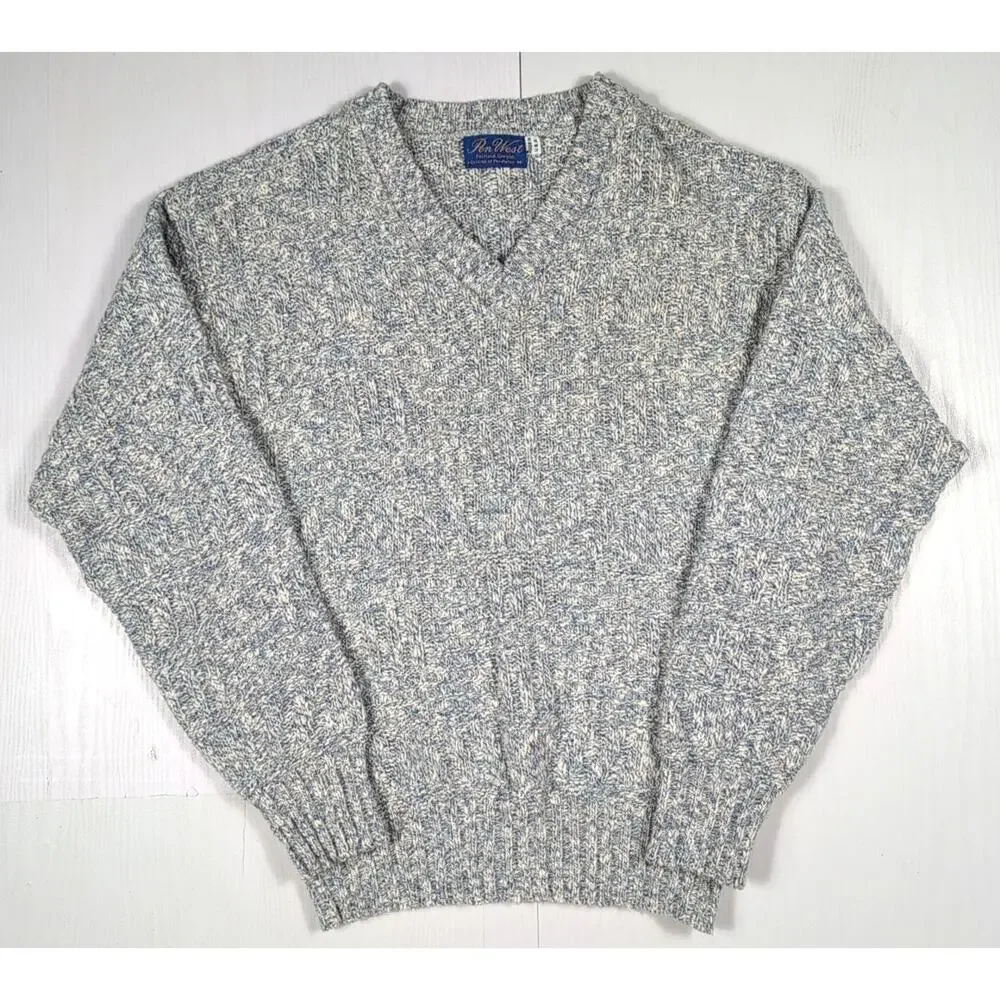 Pen West by Pendleton Sweater Men’s M Blue Gray Knit V-Neck Wool Cotton USA VTG